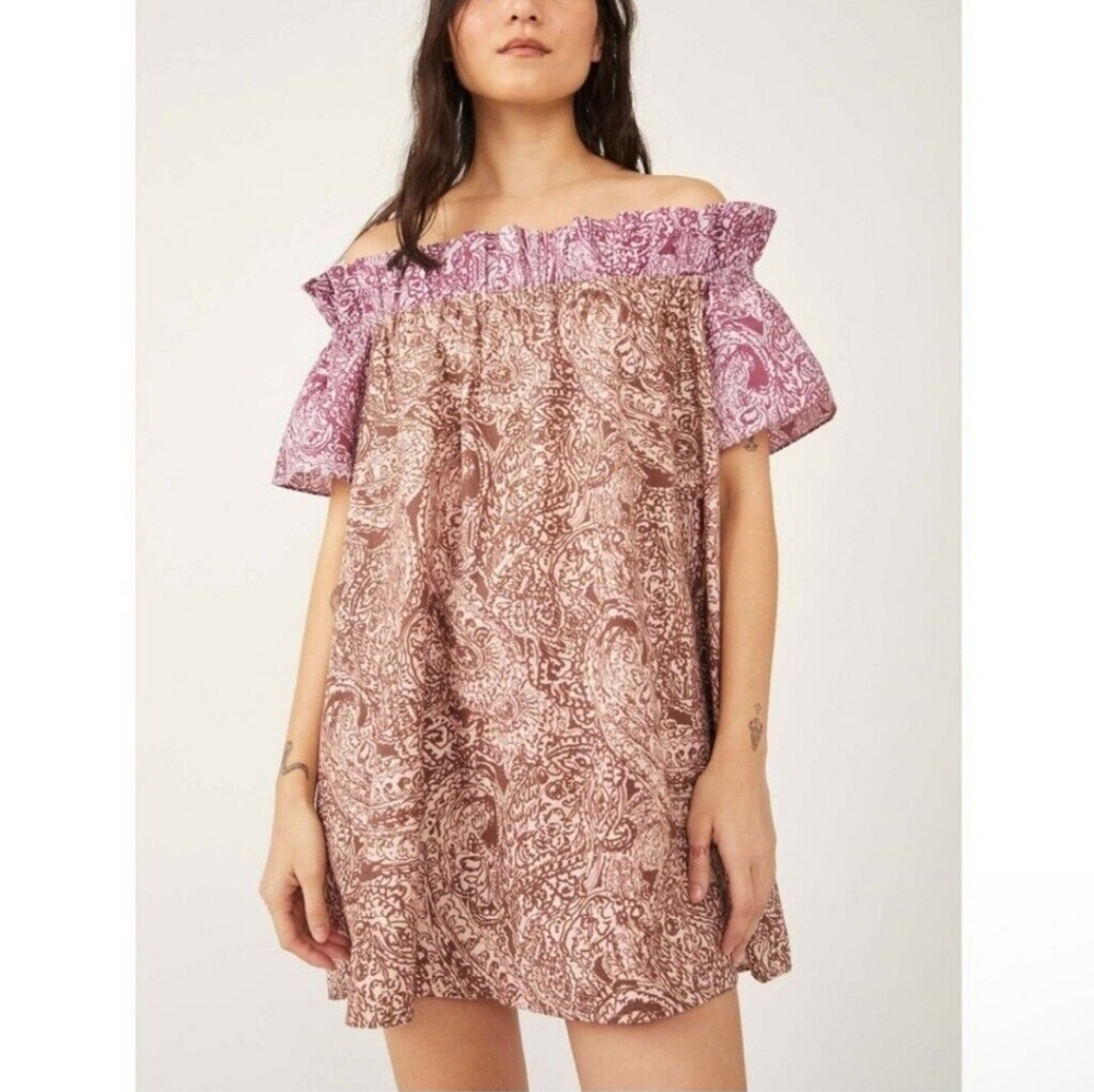 NWT Free People Sophie Paisley Printed Dress Light Combo Purple Brown, size S/P